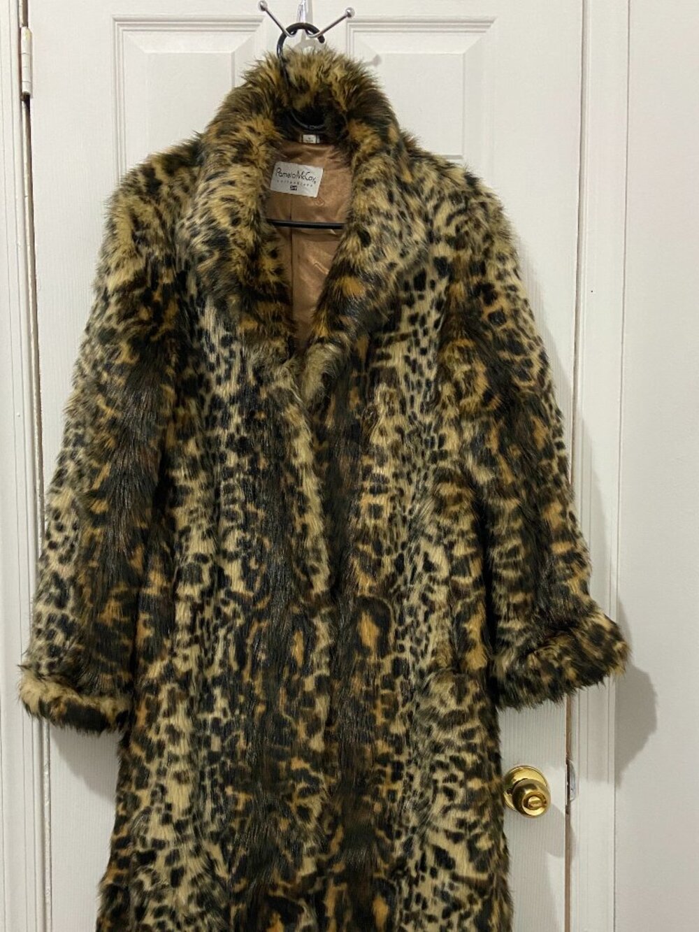 Vintage Pamela McCoy Full Length Leopard Print Faux Fur Coat, Size L